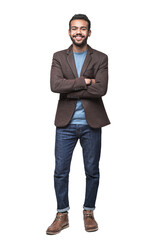 cheerful businessman standing confident isolated in transparent png, full length studio portrait of 