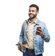 Young handsome man with backpack holding smart phone and coffee Isolated transparent PNG, Smiling student going on a travel
