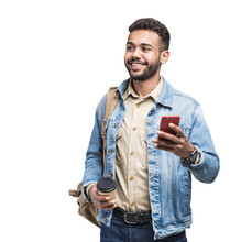 Young Handsome Man With Backpack Holding Smart Phone And Coffee Isolated Transparent PNG, Smiling Student Going On A Travel