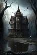 Ghostly dark gothic manor house in the forest. Halloween scene. Spooky. Horror concept. Generative ai. 