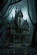 Dark gothic ghost manor house in the forest. Halloween scene. Spooky. Horror concept. Generative ai. 