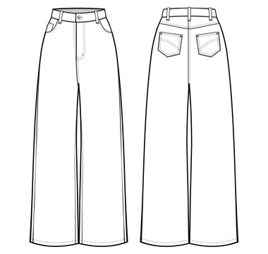 high-waisted baggy wide-leg jeans flat technical drawing template. denim jeans technical fashion ill