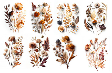 Wall Mural - Dry flowers on white background, created with generative AI