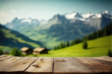 Focus empty wood table with blurred natural tree meadow background. Concept of blank space for advertising product. Finest generative AI.