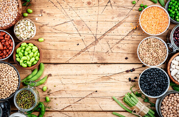 Wall Mural - Legumes, beans and sprouts. Dried, raw and fresh, top view. Lentils, mung beans, chickpeas, soybeans, edamame, peas, Healthy diet food, vegan proteins, micronutrients and fiber sources