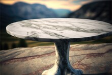 Empty Marble Table In Natural Green Garden Outdoor. Product Placement With Sunday Light. Finest Generative AI.