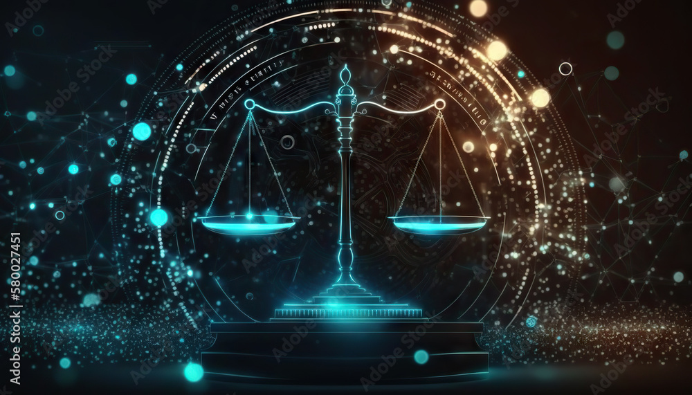 Law scales on background of data center. Digital law concept of duality ...