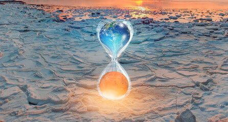 Poster - Global warming concept-Planet Earth is becoming a dead planet like Mars - Hourglass inside Planet Earth and Mars isolated- 