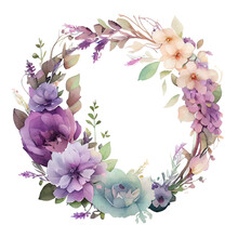 Watercolor Purple Floral Wreath Isolated On White. Flowers Round Border. Generative AI