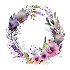 Wall Mural - Watercolor purple floral wreath isolated on white. flowers round border. Generative AI