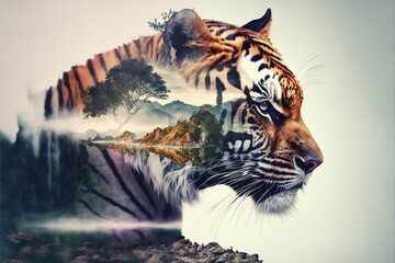 Striped bengal tiger in double exposure merge its head with wondrous lush forest design in background as majestic adventurous wildlife in nature by Generative AI.