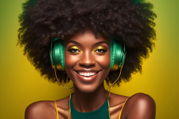 Wall Mural - Black woman with afro hair and headphones laughing and listening to music on yellow, generative ai