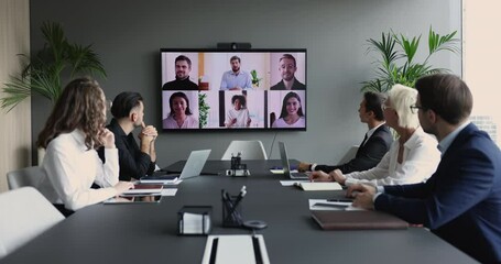 Sticker - Diverse businesspeople take part in video conference call use application. Executives and group of multi-ethnic entrepreneurs, managers or investors engaged in virtual meeting. Modern tech, business