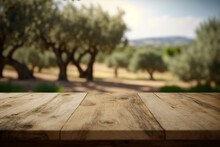 Wooden Table For Product Display With Olive Trees, Generative AI