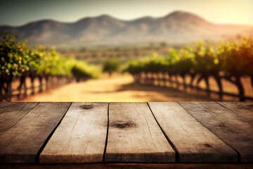 Wall Mural - Wooden table for product display with wine yard, generative AI