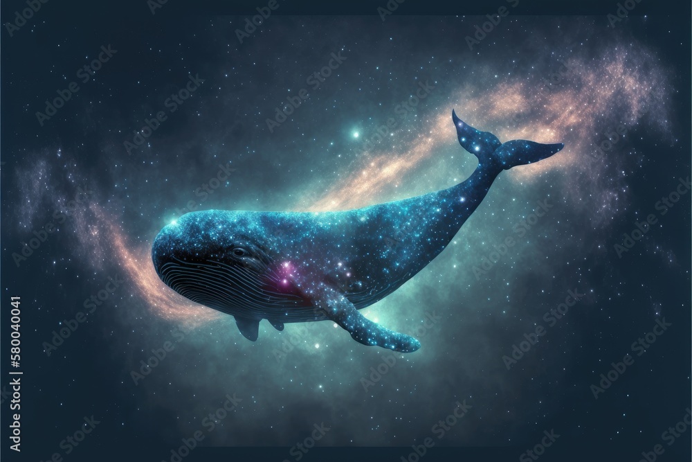 Swimming whale among fantasy abstract art in outer space among ...