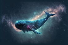 Swimming Whale Among Fantasy Abstract Art In Outer Space Among Particles Starry. Concept Of Glowing Nebula With Aquatic Spouting Star Dust. Finest Generative AI.
