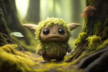 Tiny Fantasy Green Creature In The Woods.  Created With Generative AI Technology.