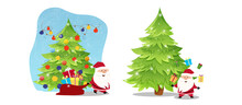 Merry Christmas And Happy Holidays Card With Cute Santa Claus Decorating New Year Tree