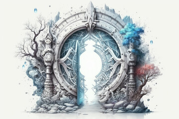 Leinwandbilder - A fantastic portal, the entrance to another world, on a white background. Generative AI