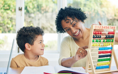 education, grandmother or child learning math for kindergarten school homework or abacus at home. sm