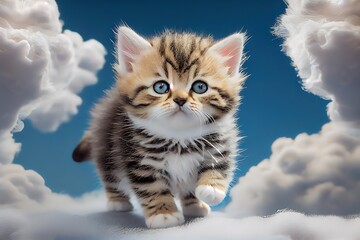 Wall Mural - cute little kitten in white fluffy clouds. generative ai