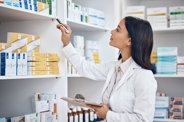 Poster - Pharmacy inventory check, Indian woman and checklist of medicine and pills. Pharmacist, stock work and pharmaceutical products in a retail shop or clinic with healthcare and wellness employee