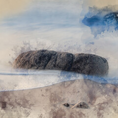 Canvas Print - Digital watercolour painting of Stunning landscape image of Sennen Cove in Cornwall during sunset with dramatic sky and long exposure sea motion