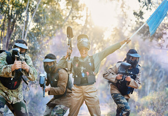 Poster - Teamwork, paintball and capture the flag in celebration for winning, victory or achievement standing together in nature. Group of paintballers rally up for win, success or checkpoint with guns ready