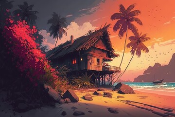 Poster - Wooden bungalow on the shore of the tropical island. Generative AI