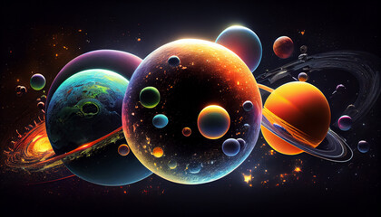 Wall Mural - Neon space planets in space Ai generated image