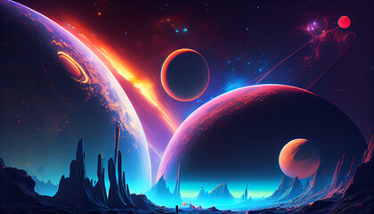 Wall Mural - Neon space planets in space Ai generated image