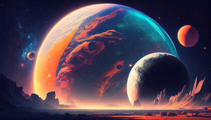 Wall Mural - Neon space planets in space Ai generated image
