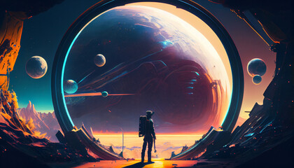 Wall Mural - Neon space planets in space Ai generated image
