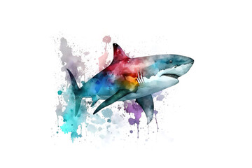 Wall Mural - shark is drawn with multi-colored watercolors isolated on a white background. Generated by AI
