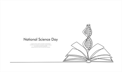 Wall Mural - National Science Day. One continuous line drawing of  open book and DNA Single line draw design vector illustration