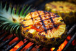 Bbq, grilled pineapple on grill grate with fire. Close-up view. Summer picnic outdoors. Created with Generative AI technology.