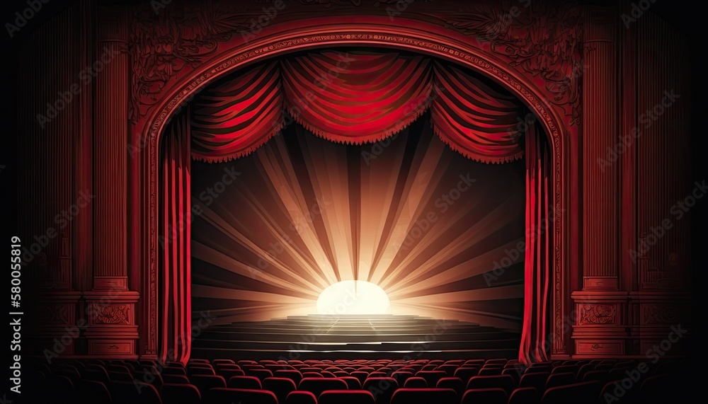 A theater stage with a red curtain and a spotlight in the center ...