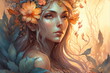 Wondrous fantasy portrait of goddess wood elf princess wearing beautiful flowery wreath blossom filled with vibrant flowers in springtime like fairytale in isolated background by Generative AI.
