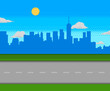 Pixel art game road with city on background.