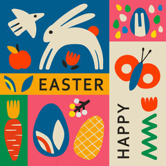 Happy Easter flat modern vector illustration. Egg hunt poster template. Minimalism. Hand drawn abstract flowers, bird, easter bunny, egg.