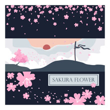 Cherry Blossom Flat Vector, Sakura, Japan, Blur Background. Sakura And Spring Modern Cover Design Set. Wedding Invite, Makeup Catalog, Brochure Template, Flyer, Presentation