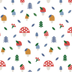 Wall Mural - Seamless cute kids vector woodland forest pattern with mushrooms, plants, trees, leaves, bushes, Sinek Agaric in minimal flat modern style