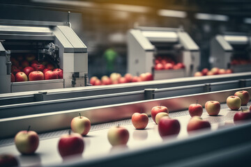 Apples in a food processing facility, clean and fresh, ready for automated packing. Concept for a healthy food company with automated manufacturing of food and fruits. Generative AI