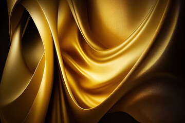 dark gold background, golden fabric wave, silky yellow drapery backdrop design