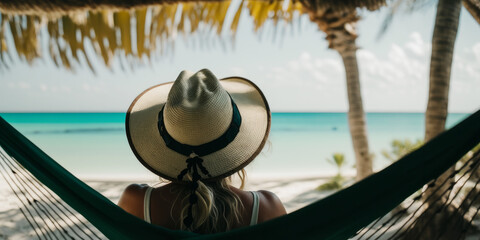 Wall Mural - view from behind woman wearing sun hat relaxing in hammock on tropical beach. Generative ai