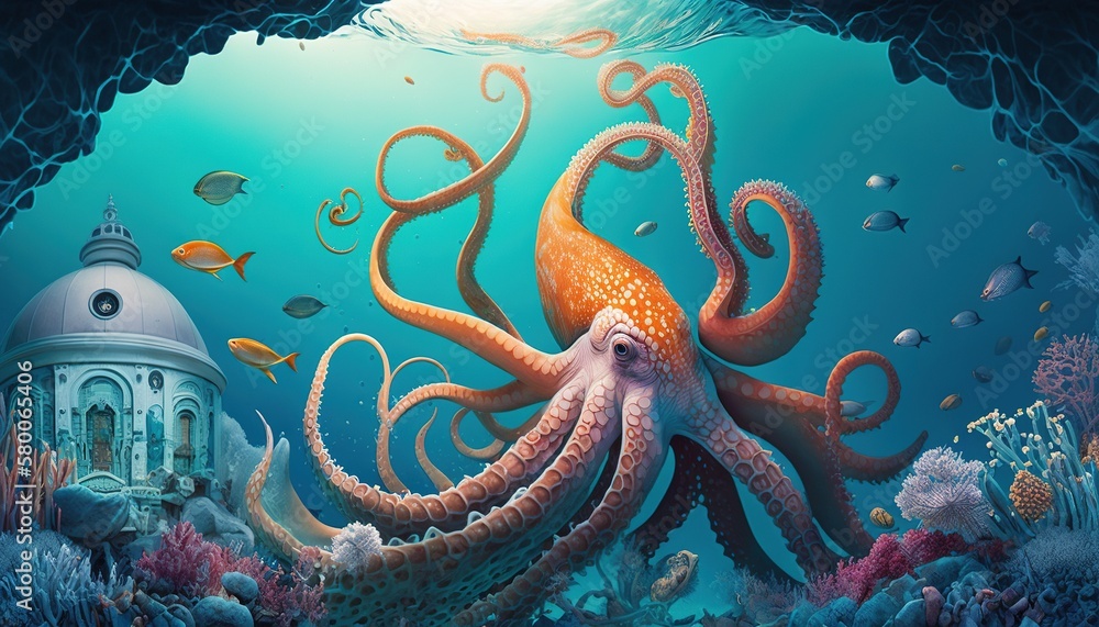 Dreamlike Depths: A Surreal Underwater Scene with a Giant Octopus and ...