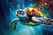 Sea turtle swimming underwater in blue ocean water. Created with Generative AI