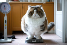 Very Fat Cat Is Weighed On The Scales. Concept Of Overeating, Obesity And Diet. Funny Pet. Created With Generative AI