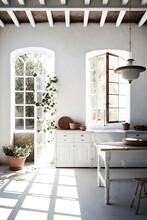 Outdoor Tuscan Courtyard, Leafy, Clean Minimal Bright White Fresco Patio, Modern Kitchen, Generative AI